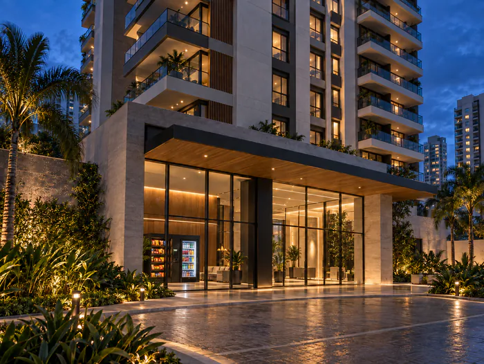 Entrada iluminada de um condomínio residencial ao entardecer, com o mini mercado visível no lobby