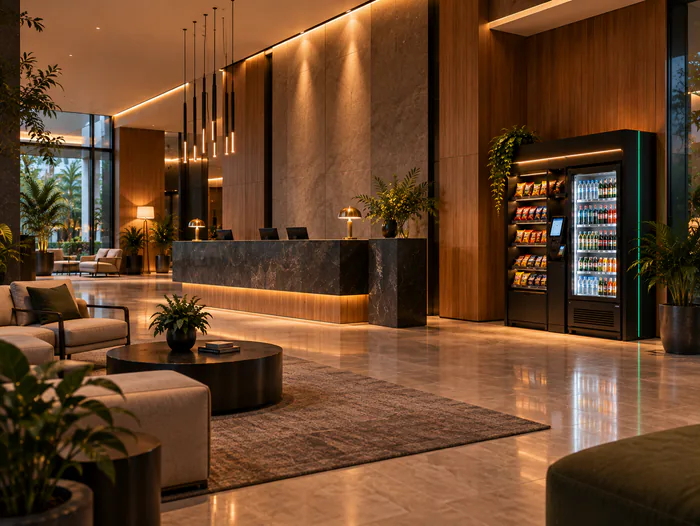 Lobby de hotel com recepção e mini mercado autônomo disponível para os hóspedes