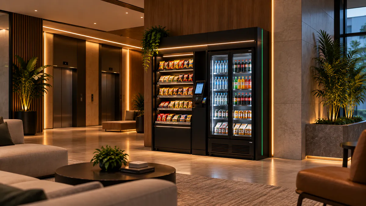 Lobby de condomínio com elevadores e um mini mercado autônomo iluminado ao fundo