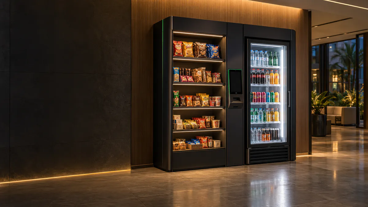 Mini mercado autônomo iluminado no lobby de um condomínio à noite