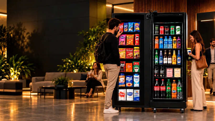 Moradores usando o mini mercado autônomo no lobby de um prédio residencial