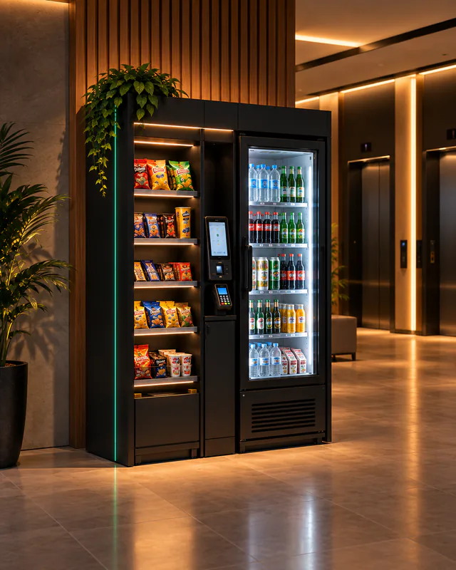 Solução compacta de mini mercado autônomo instalada junto aos elevadores de um condomínio