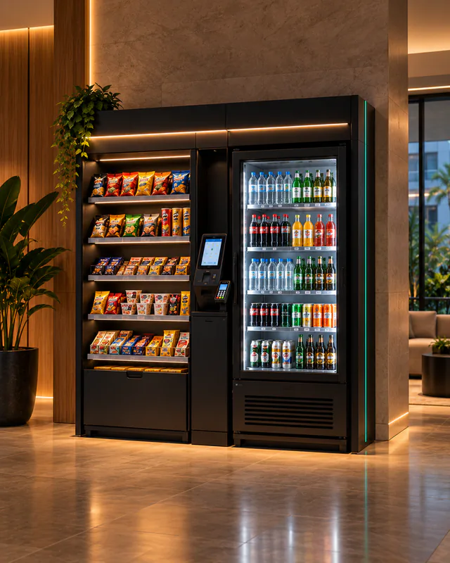 Mini mercado autônomo completo com prateleiras de snacks, terminal de autoatendimento e geladeira de bebidas
