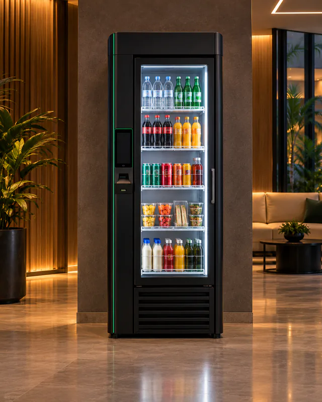 Geladeira inteligente com porta de vidro, bebidas e lanches, com terminal de pagamento integrado